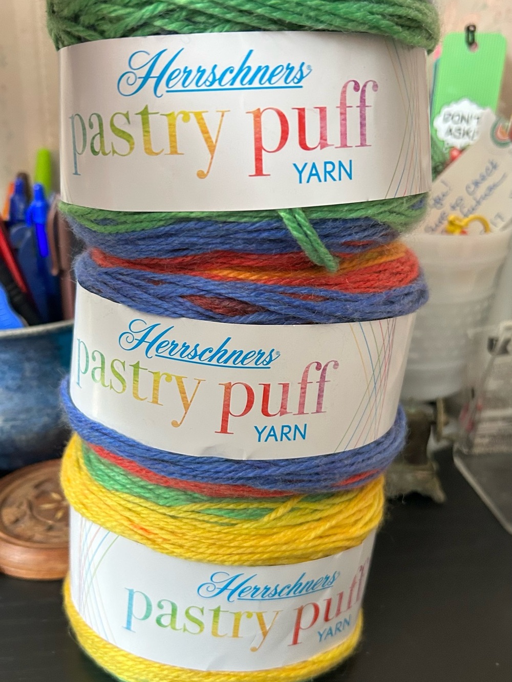 Herrschners Pastry Puff Multicolor Yarn - Green/Blue/Yellow set of 3